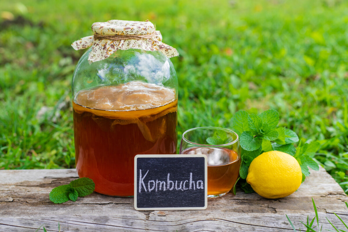 χειροποίητο kombucha σε γυάλινο βάζο στο σπίτι