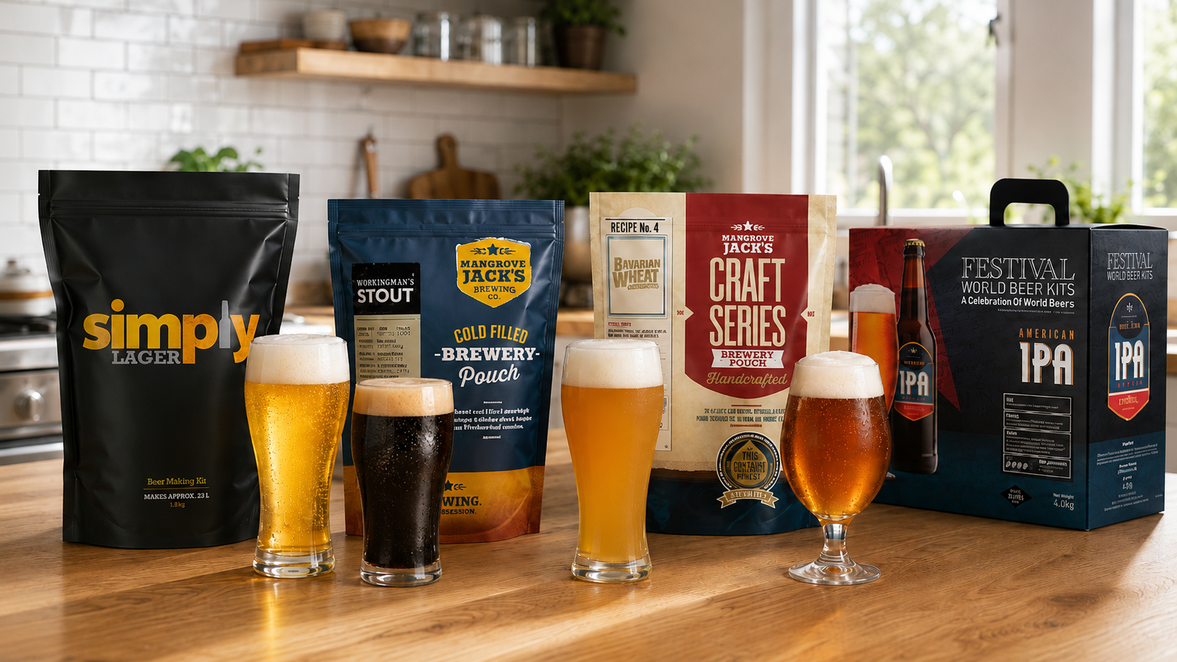 Beer kits διαφορετικών στυλ μπύρας με αντίστοιχα ποτήρια μπύρας